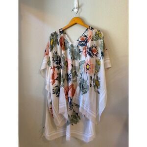 Floral Kimono Wrap Women OS Gold Foil Fringe Boho Beach Coverup White